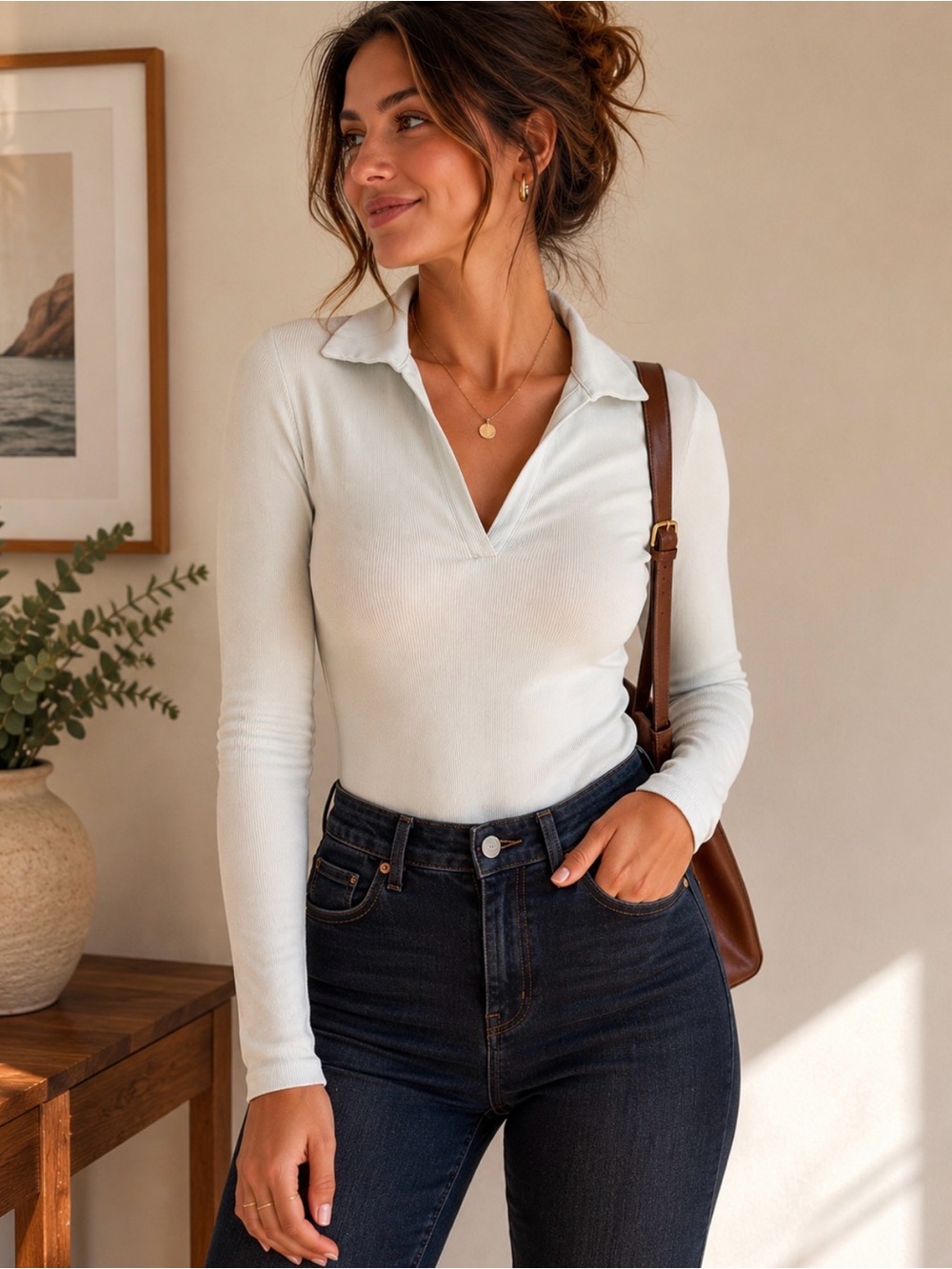 House of Harlow 1960 Mint Green Long-Sleeve Collared V-Neck Bodysuit